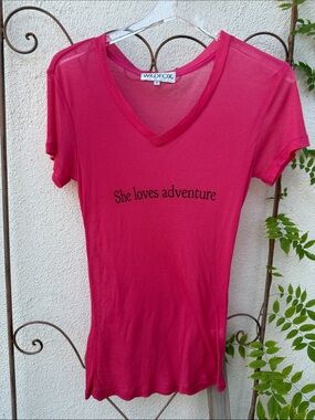 Wildfox Hot Pink VβNeck Tee with "She loves adventure"
